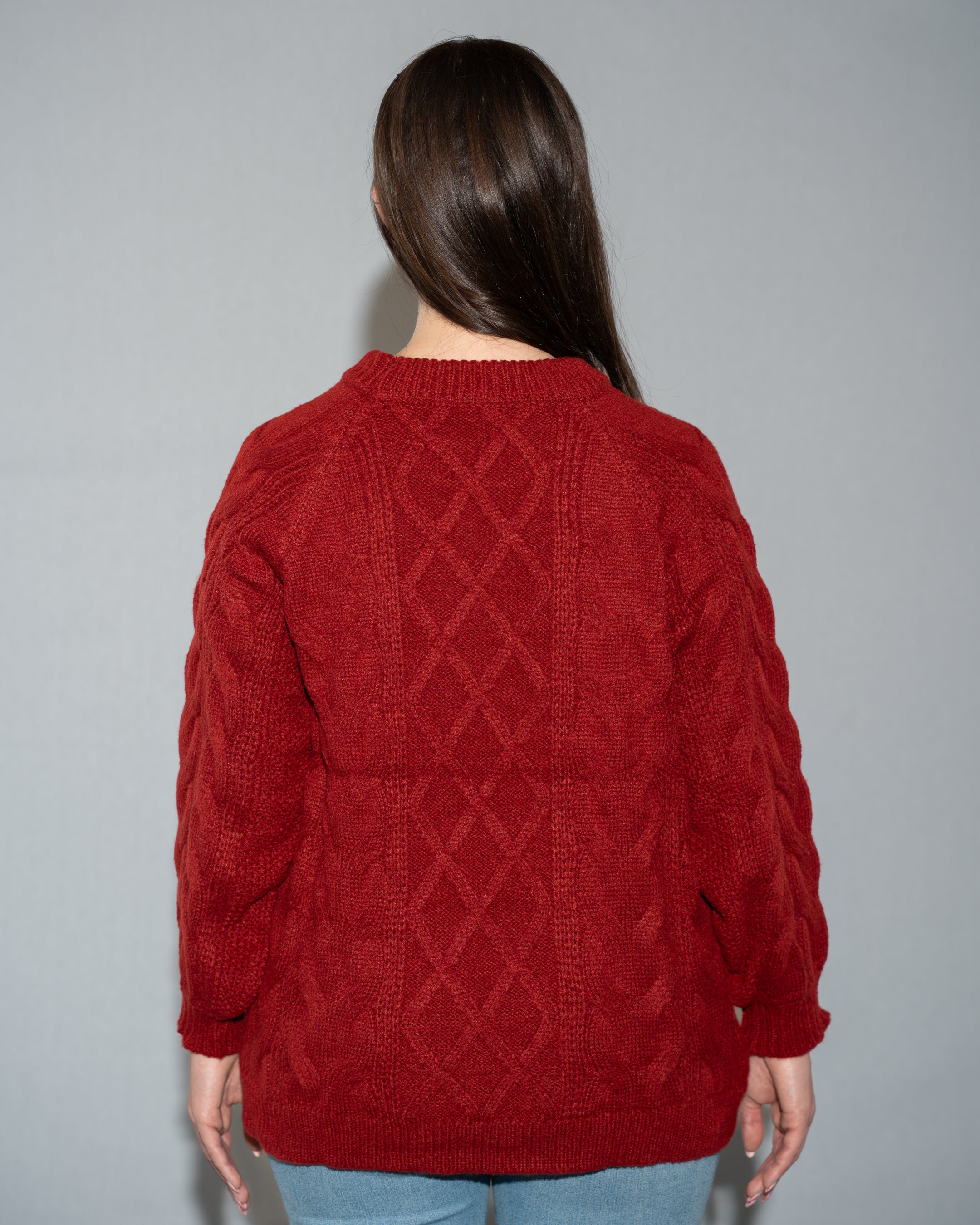 Women's Red Cable Knit Sweater - Long Sleeve Crew Neck Pullover