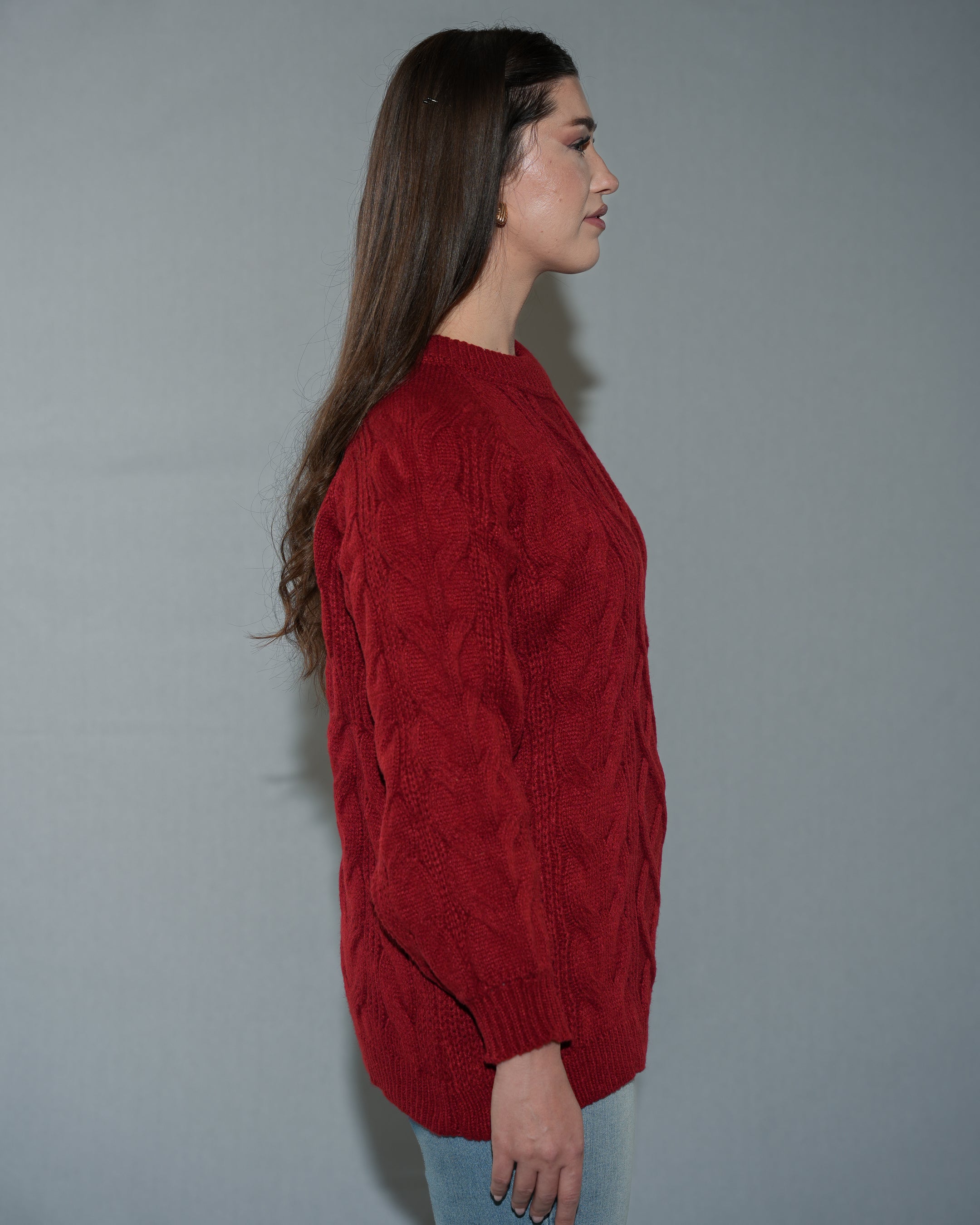 Women's Red Cable Knit Sweater - Long Sleeve Crew Neck Pullover