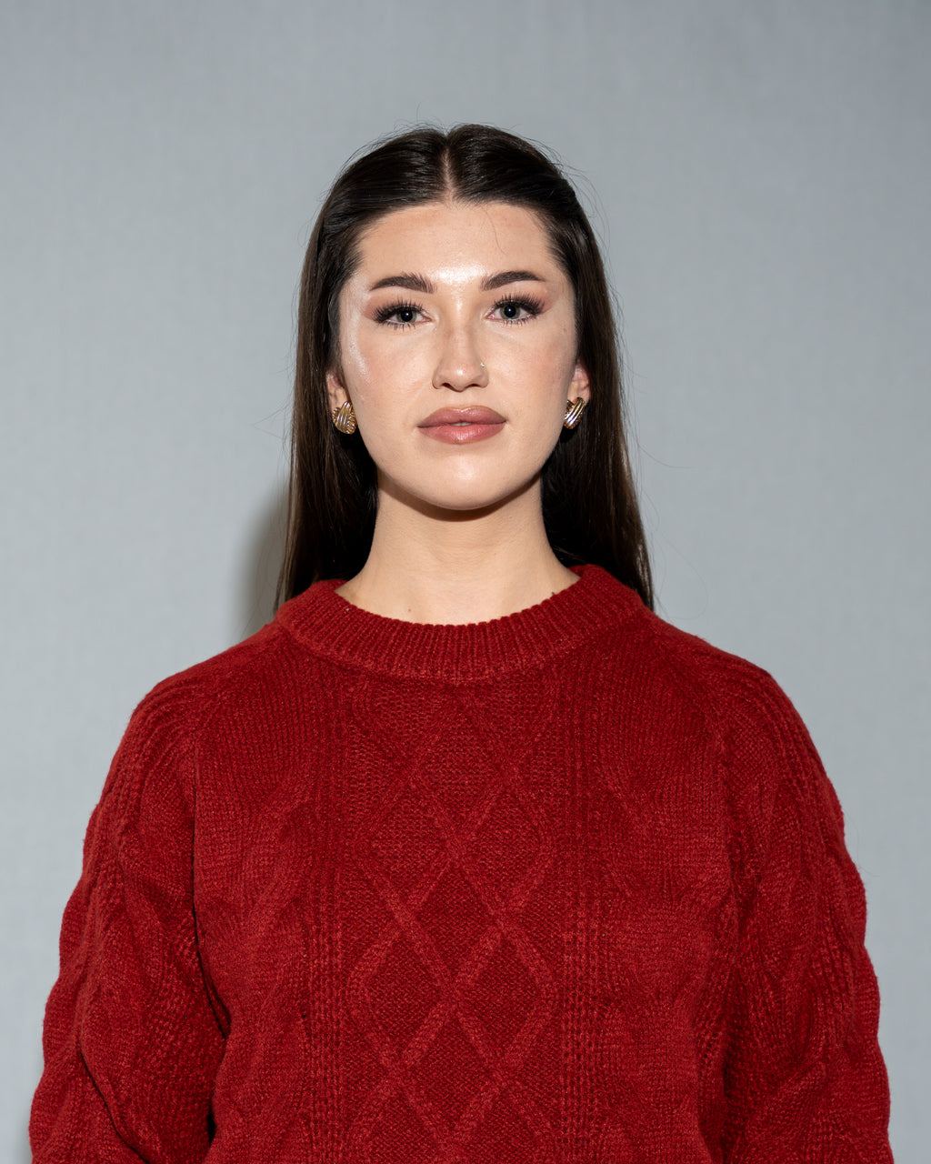 Women's Red Cable Knit Sweater - Long Sleeve Crew Neck Pullover