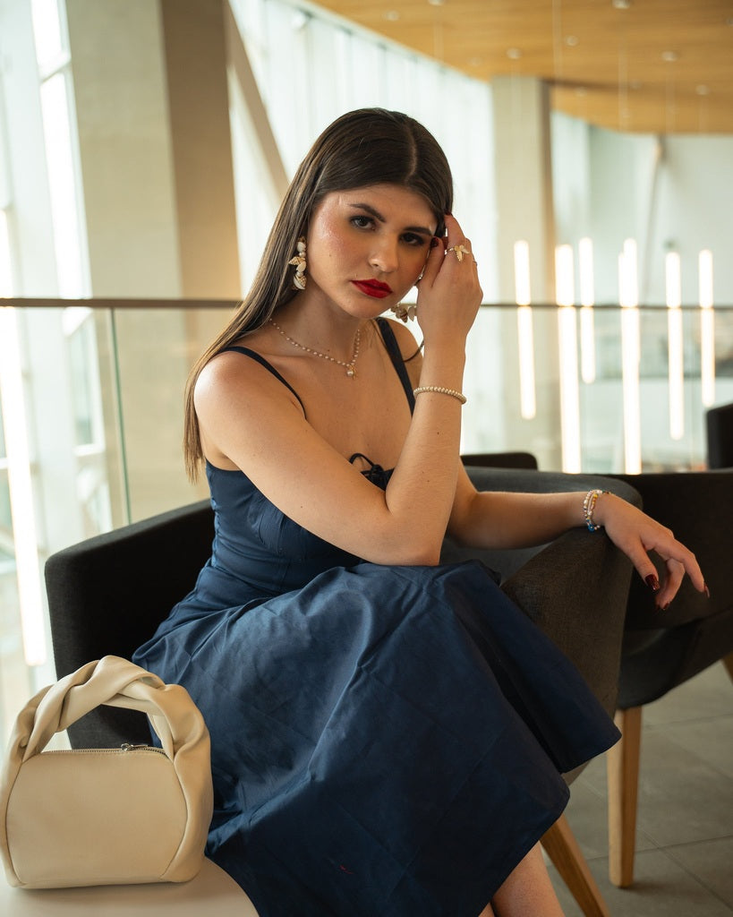 Navy Blue Plain Long Dress - Sleeveless