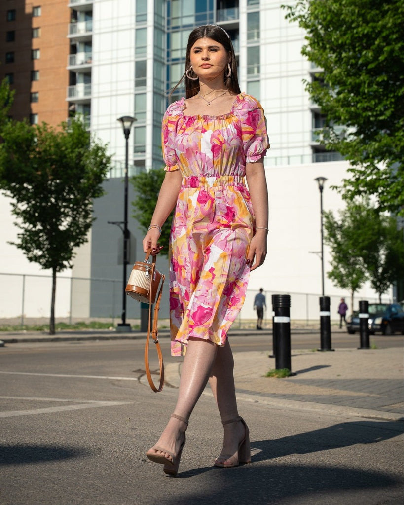 Pink And Orange Floral Midi Dress - Puff Sleeves