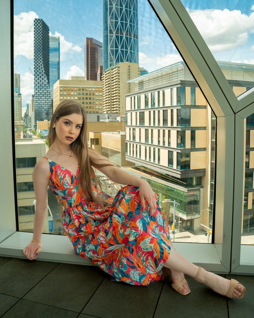 Tropical Leaves Print Long Dress - Sleeveless