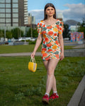 Yellow Floral Print Bodycon Mini Dress - Puff Sleeves