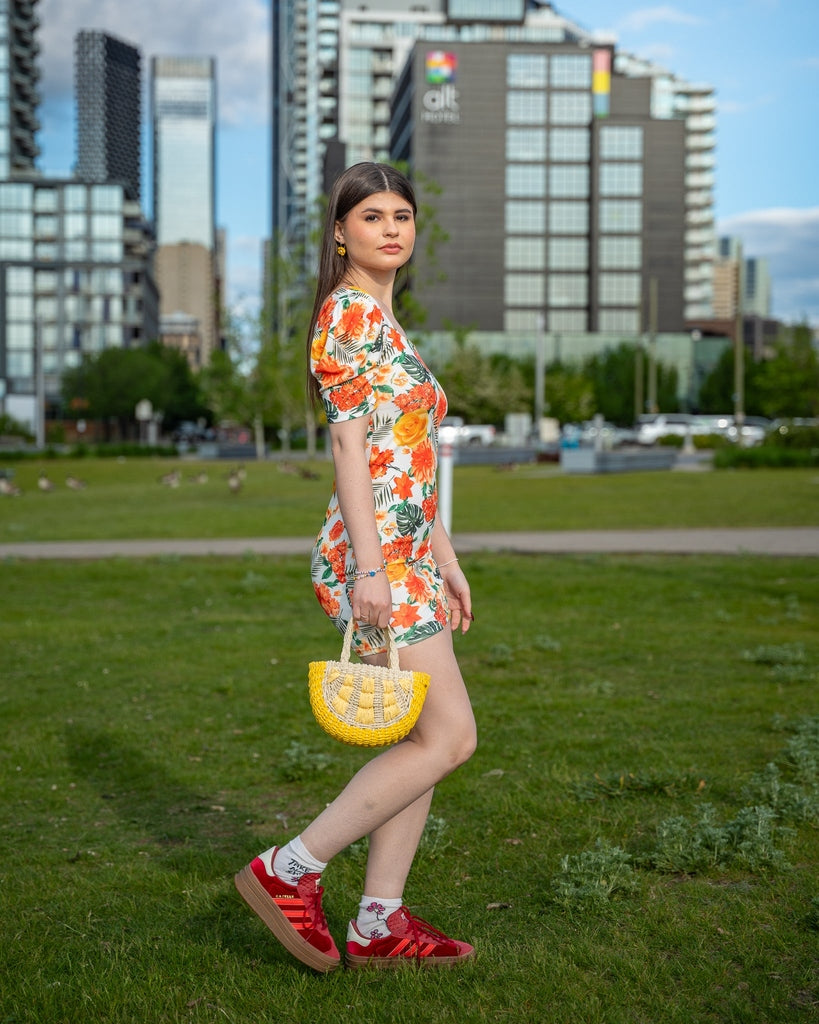 Yellow Floral Print Bodycon Mini Dress - Puff Sleeves