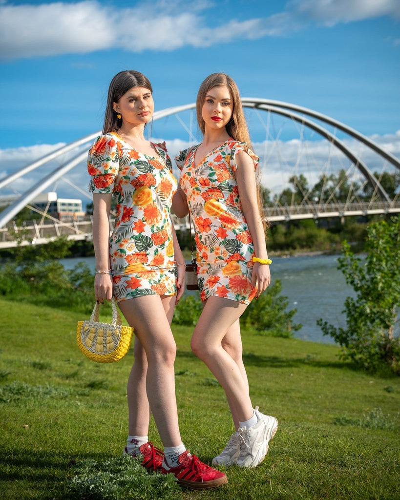 Yellow Floral Print Bodycon Mini Dress - Ruffle Sleeve