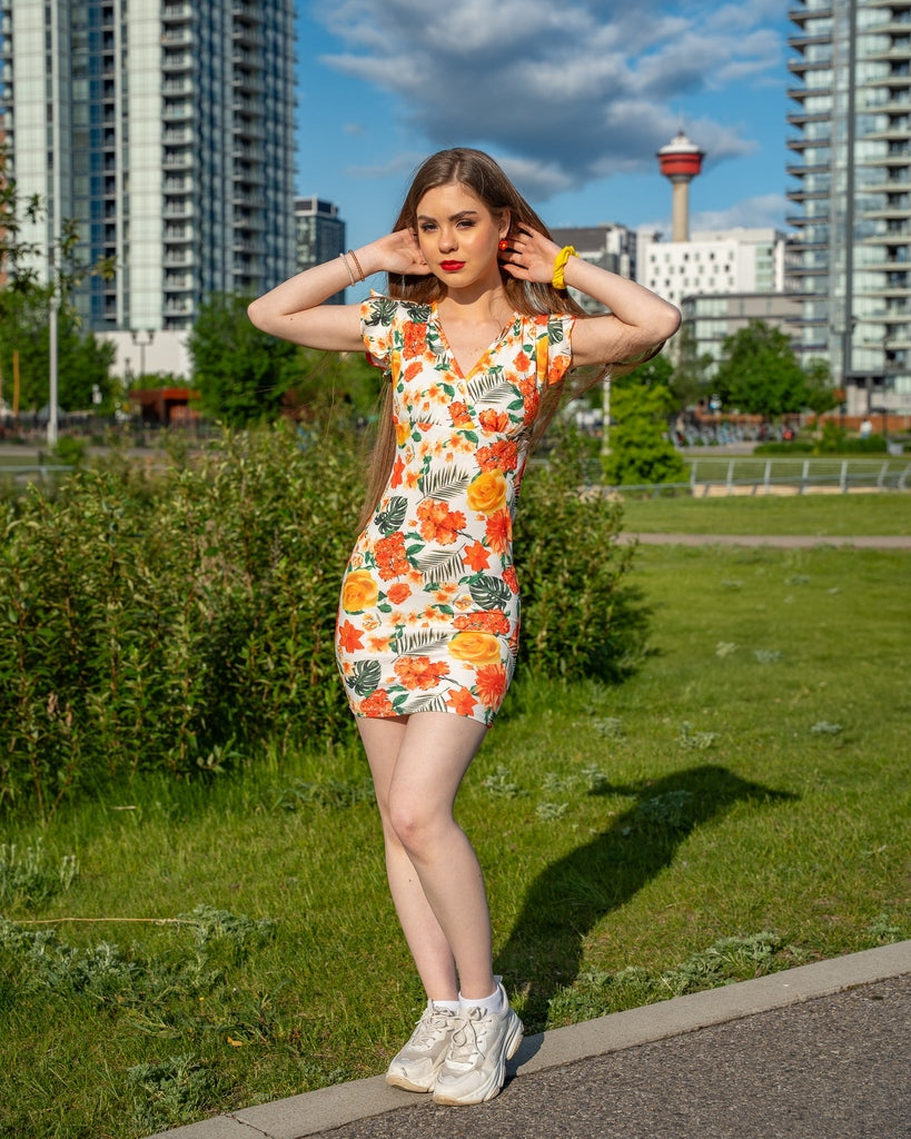 Yellow Floral Print Bodycon Mini Dress - Ruffle Sleeve