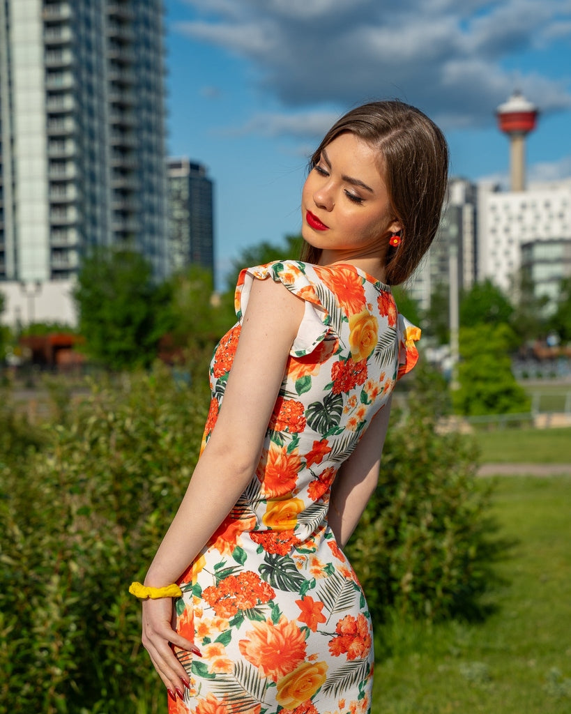 Yellow Floral Print Bodycon Mini Dress - Ruffle Sleeve