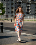 Blue and Orange Floral Midi Dress - Puff Sleeves