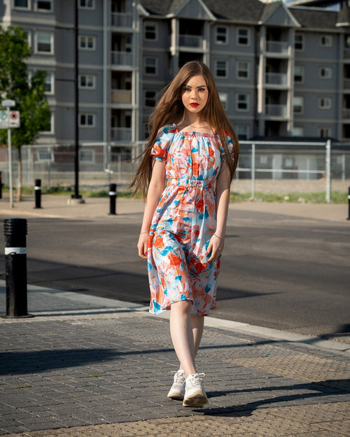 Blue and Orange Floral Midi Dress - Puff Sleeves