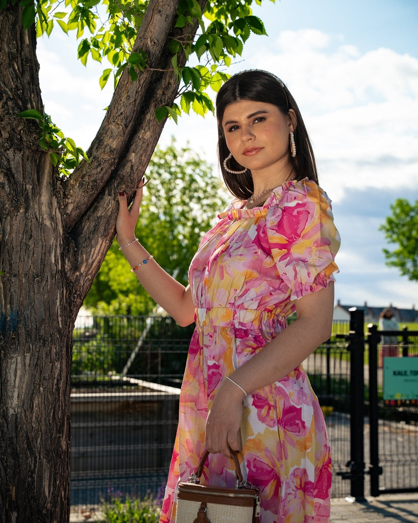 Pink And Orange Floral Midi Dress - Puff Sleeves