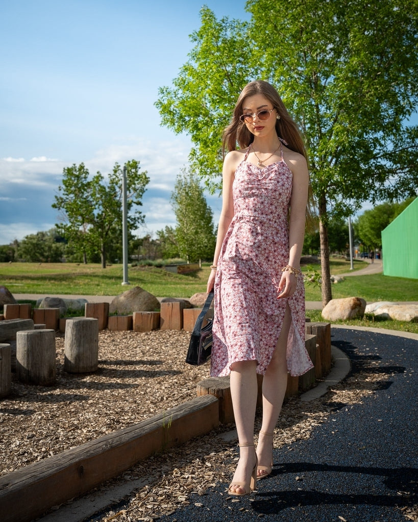 Light Pink Small Flower Midi Dress - Sleeveless