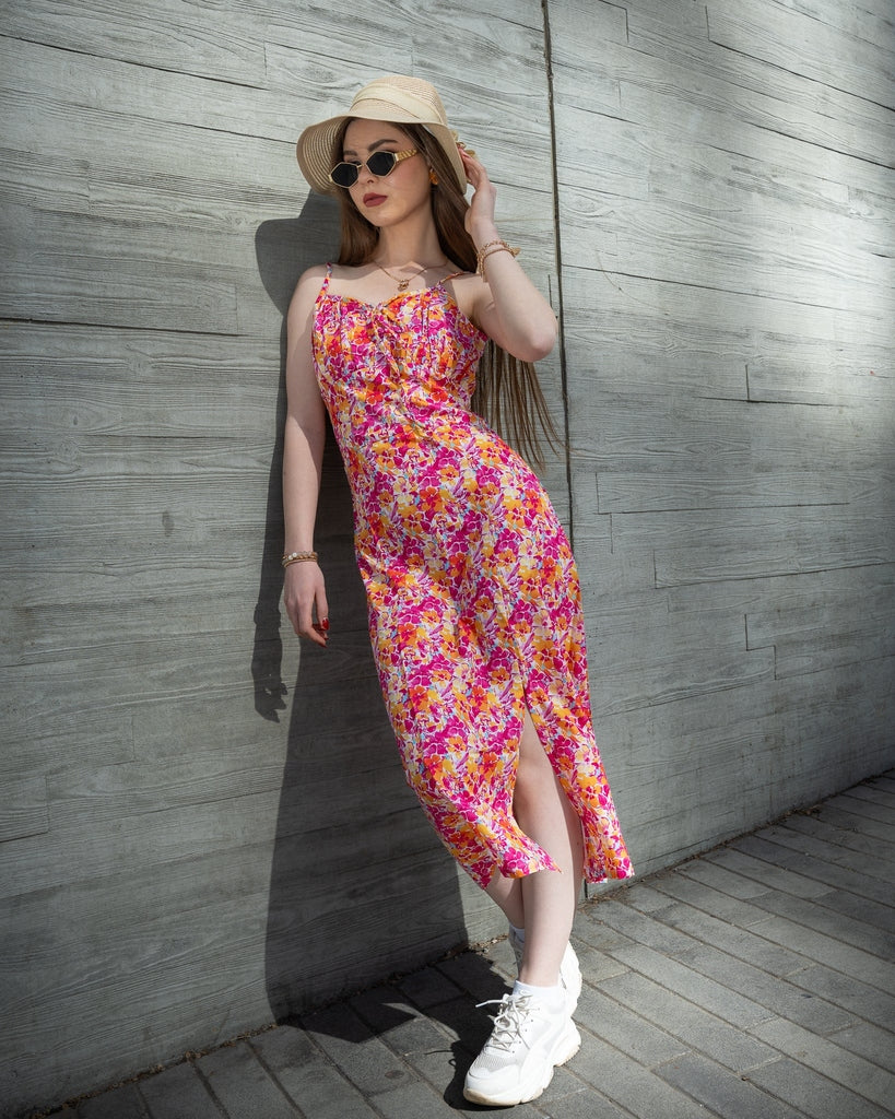 Pink And Orange Multicolor Floral Midi Dress - Sleeveless