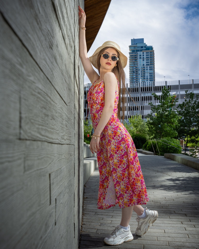 Pink And Orange Multicolor Floral Midi Dress - Sleeveless
