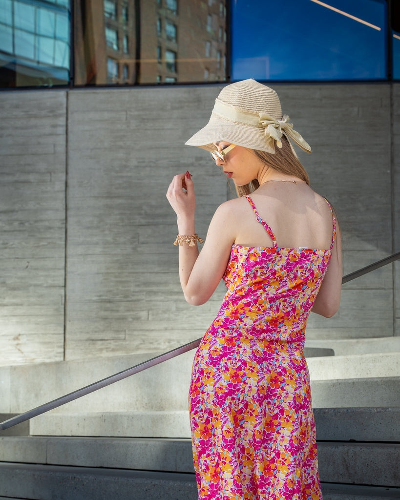 Pink And Orange Multicolor Floral Midi Dress - Sleeveless