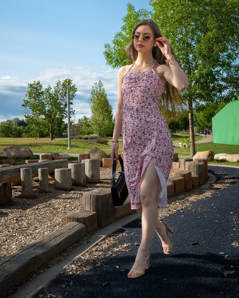 Light Pink Small Flower Midi Dress - Sleeveless