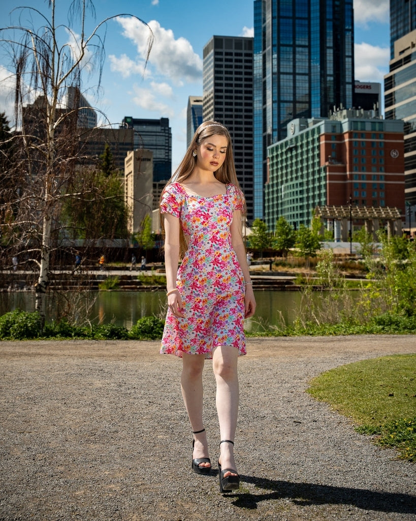 Multicolor Floral Short Dress - Puff Sleeves