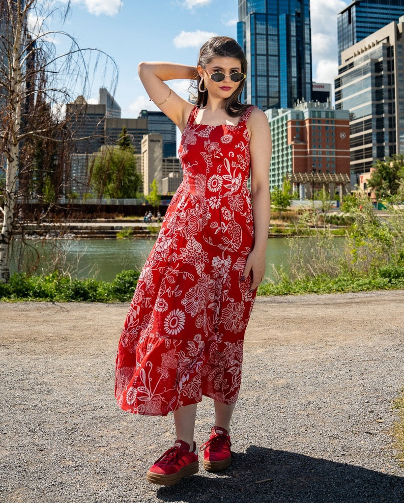 Red Floral Print Midi Dress - Sleeveless