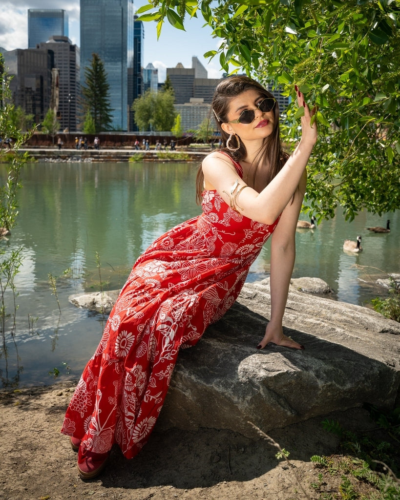 Red Floral Print Midi Dress - Sleeveless