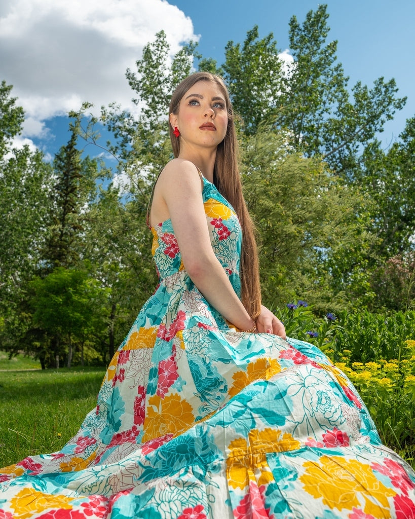 Green Leaves Print Midi Dress - Sleeveless