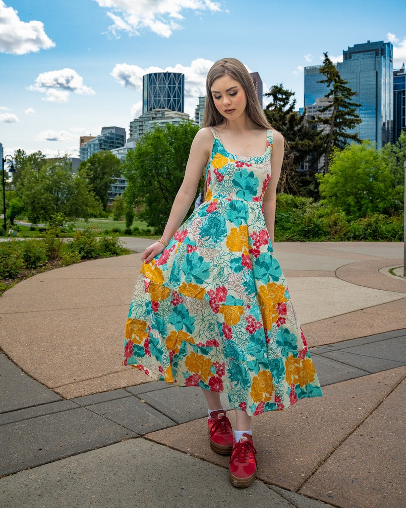 Green Leaves Print Midi Dress - Sleeveless