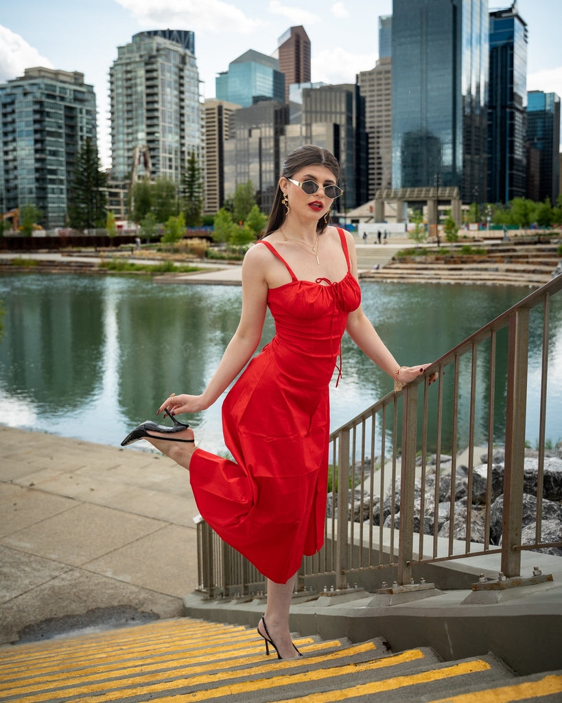 Red Plain Midi Dress - Sleeveless