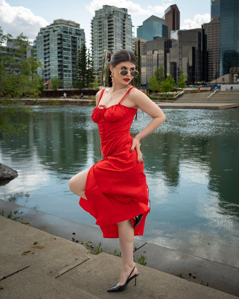 Red Plain Midi Dress - Sleeveless