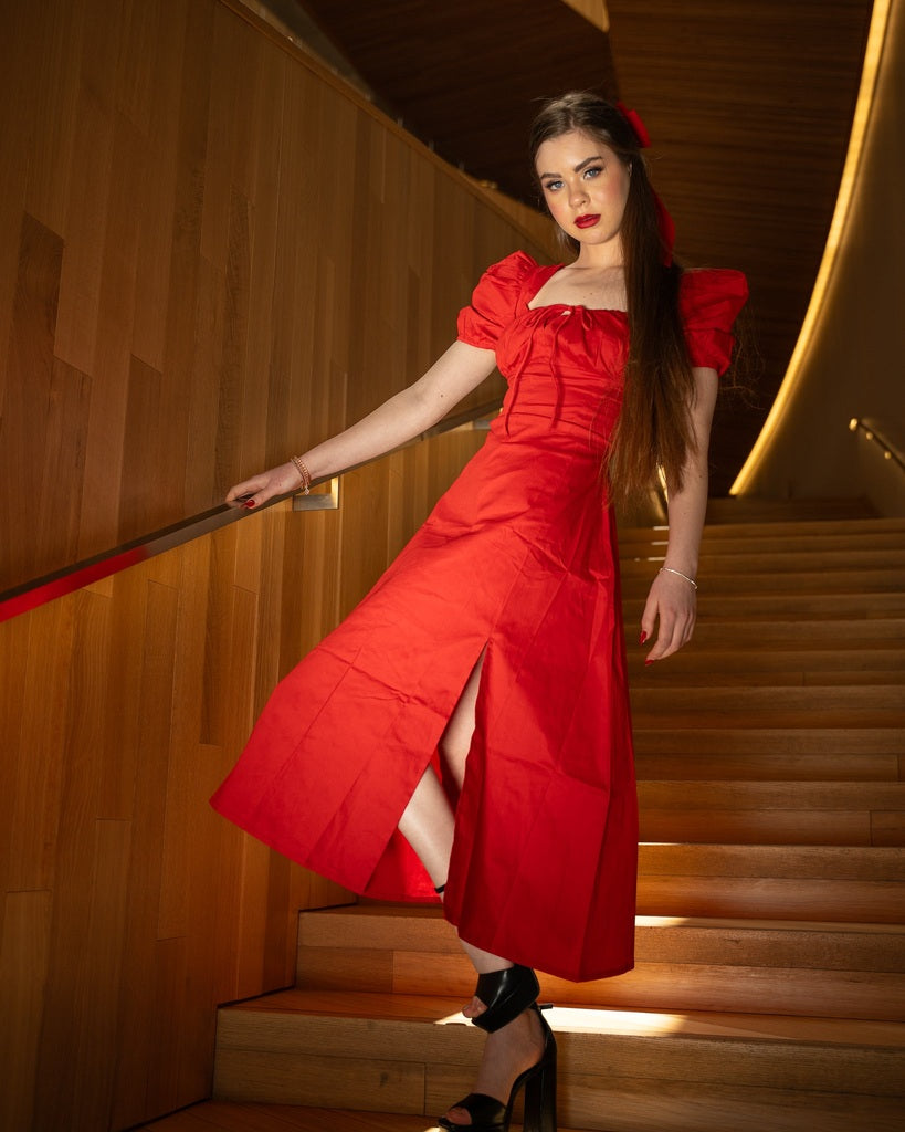 Red Plain Midi Dress - Puff Sleeves