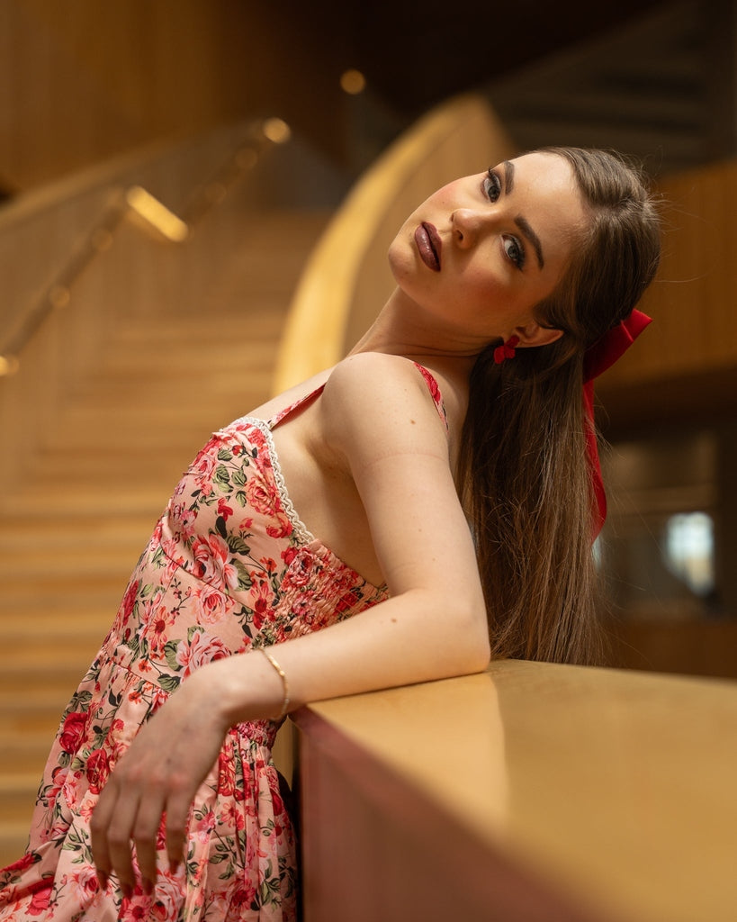 Pink Rose Print Midi Dress - Sleeveless