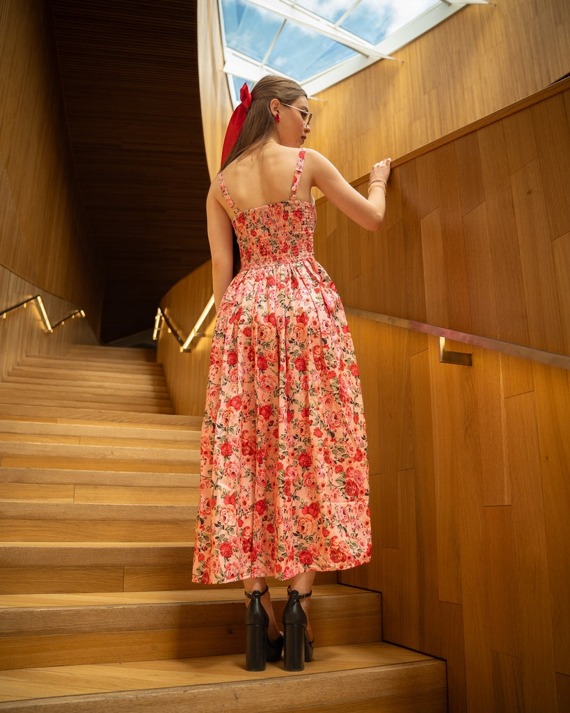 Pink Rose Print Midi Dress - Sleeveless