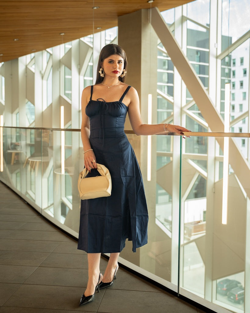 Navy Blue Plain Long Dress - Sleeveless