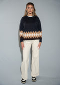 Women's Argyle Diamond Knit Navy Blue Sweater - Cozy Crew Neck Pullover