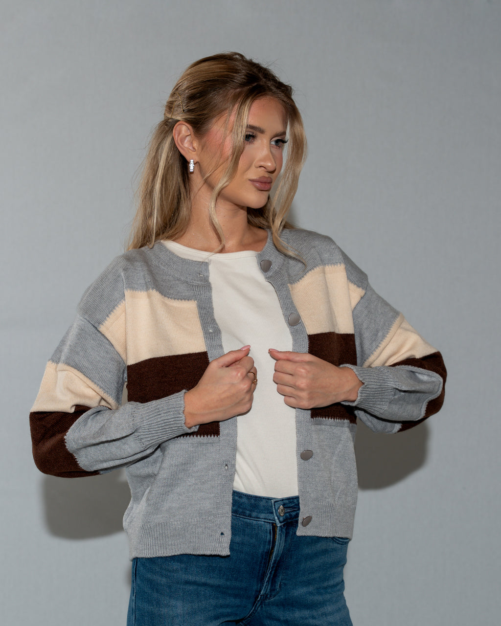 Grey Cropped Knitted Cardigan Sweater with Cream and Beige Strips