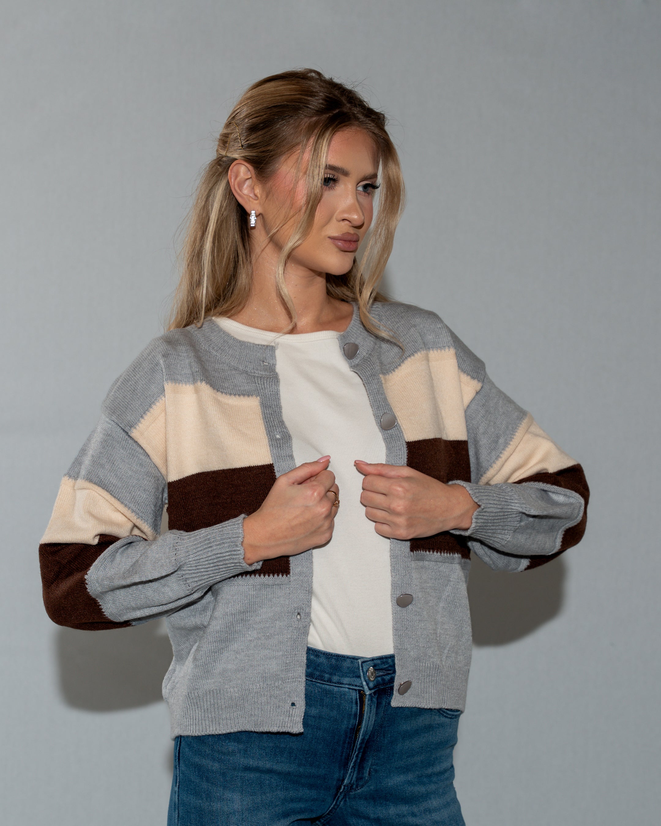 Grey Cropped Knitted Cardigan Sweater with Cream and Beige Strips