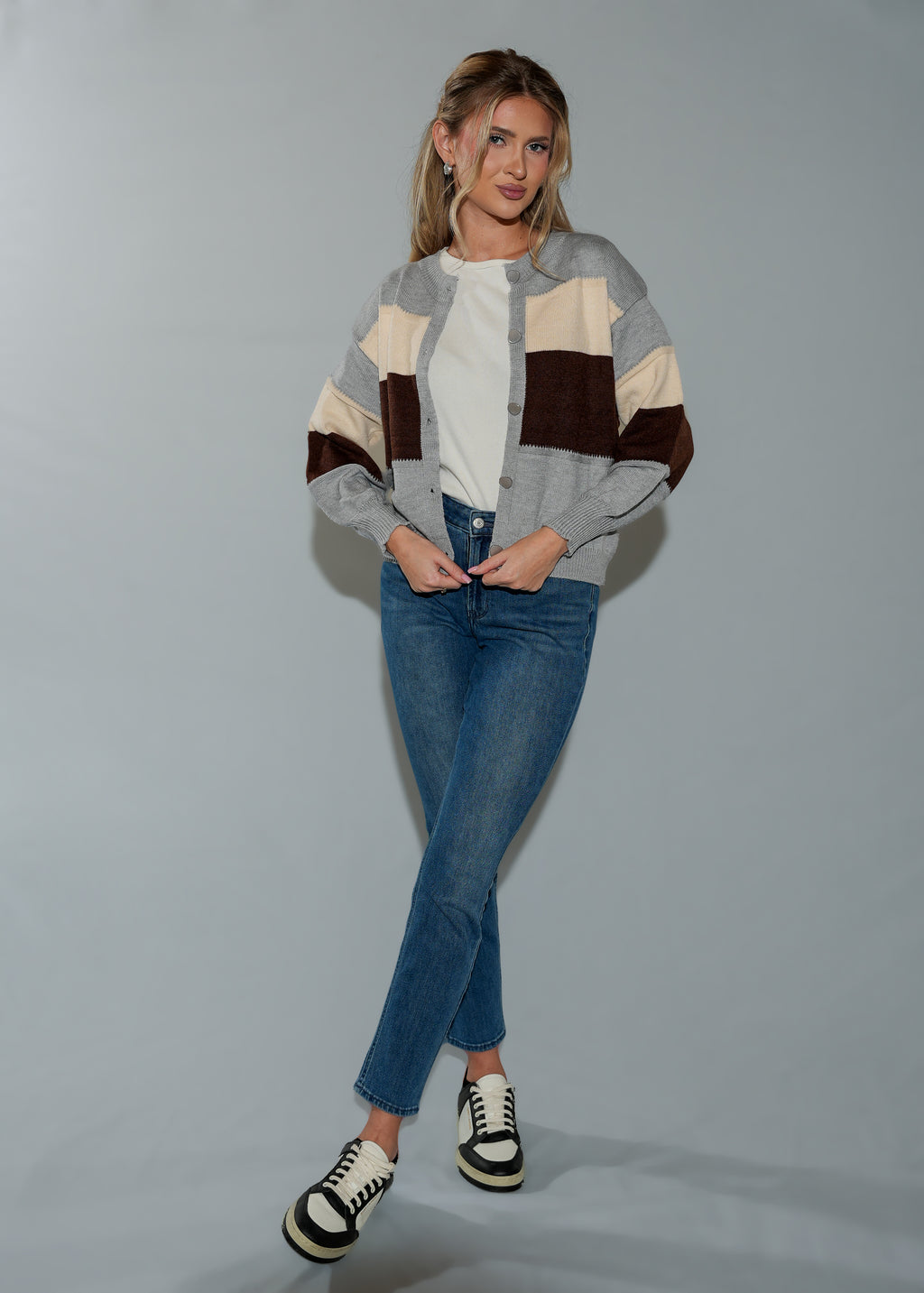 Grey Cropped Knitted Cardigan Sweater with Cream and Beige Strips