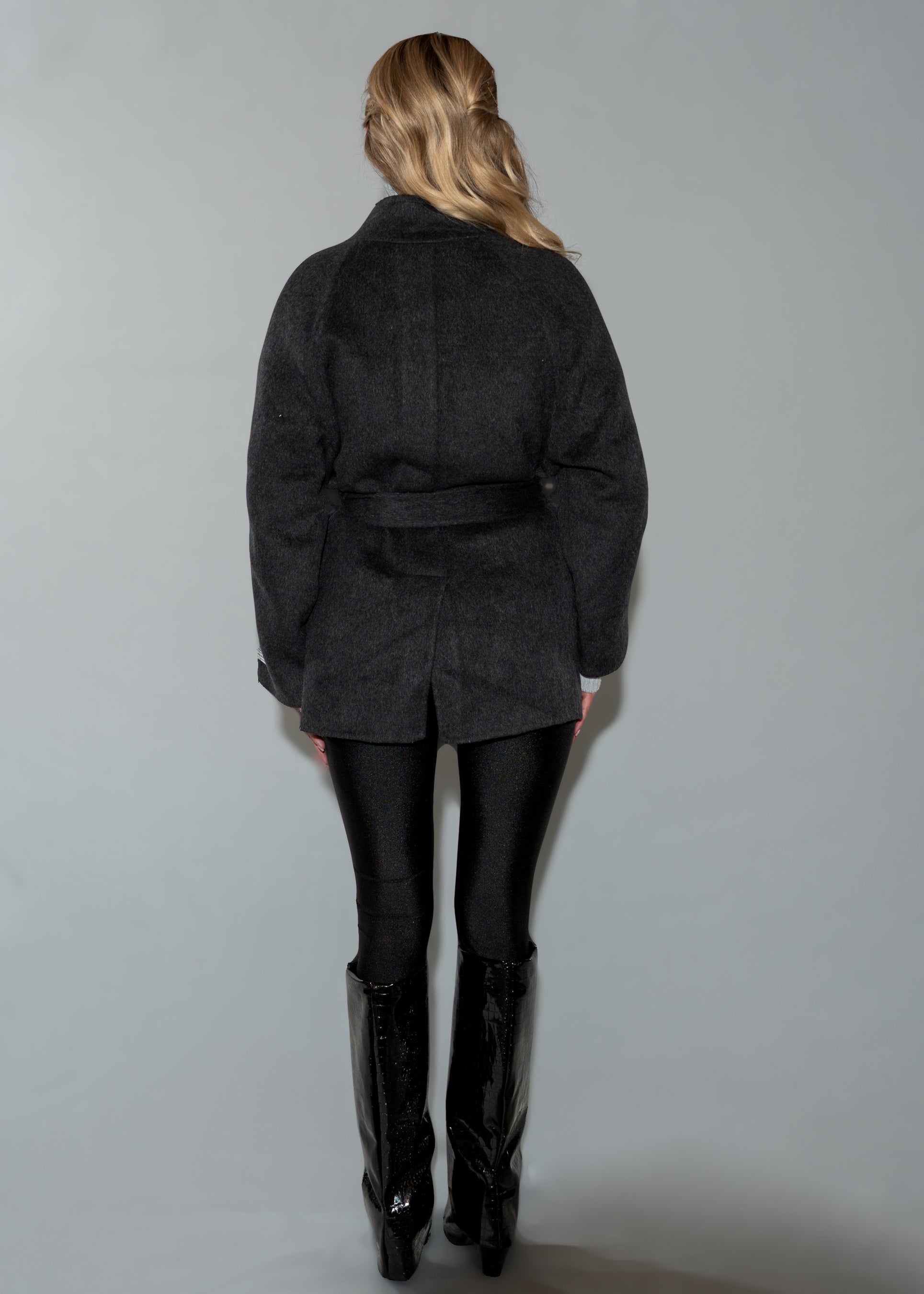 Women's Black Belted Wrap Coat - Wool Blend Short Winter Jacket
