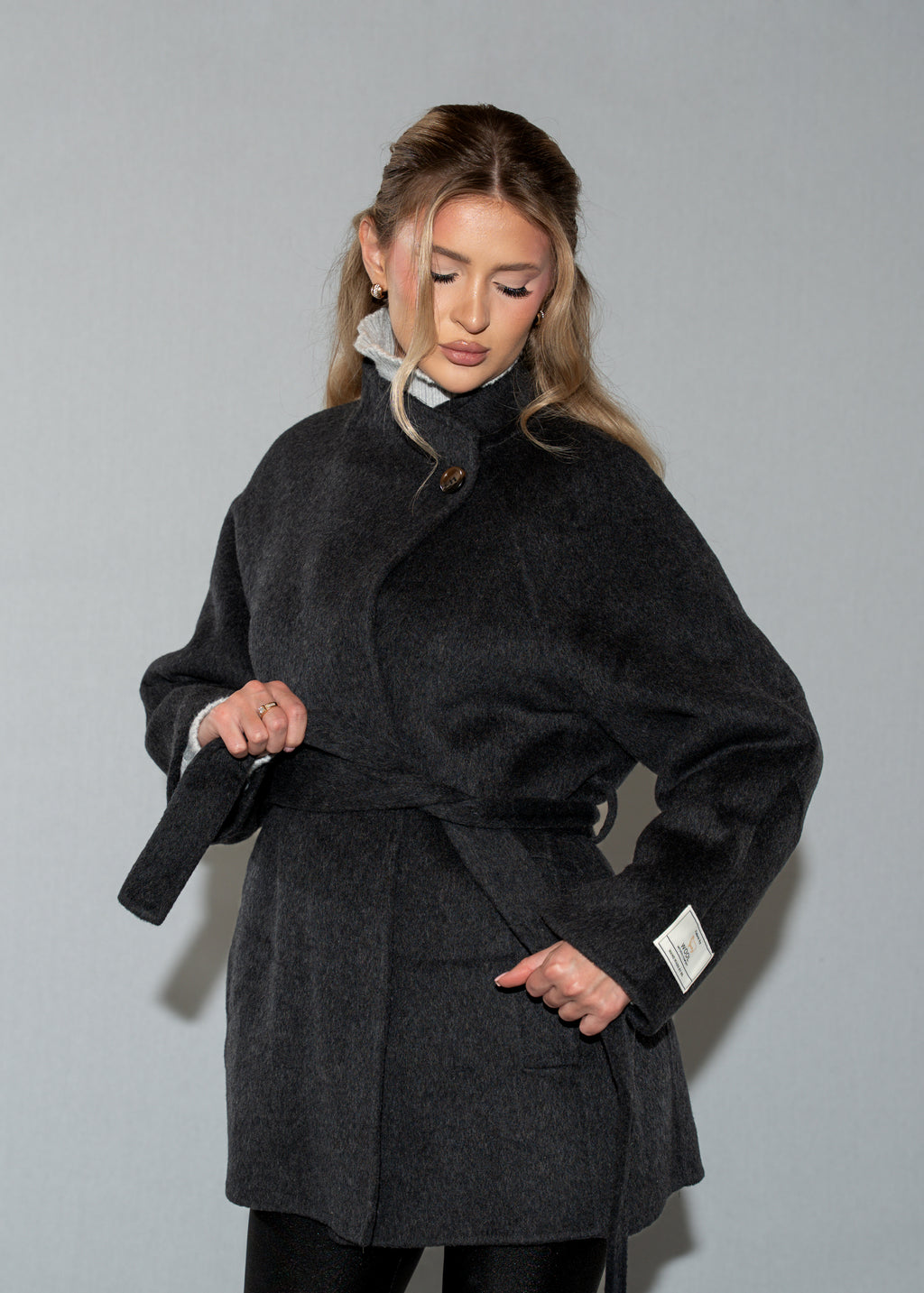 Women's Black Belted Wrap Coat - Wool Blend Short Winter Jacket