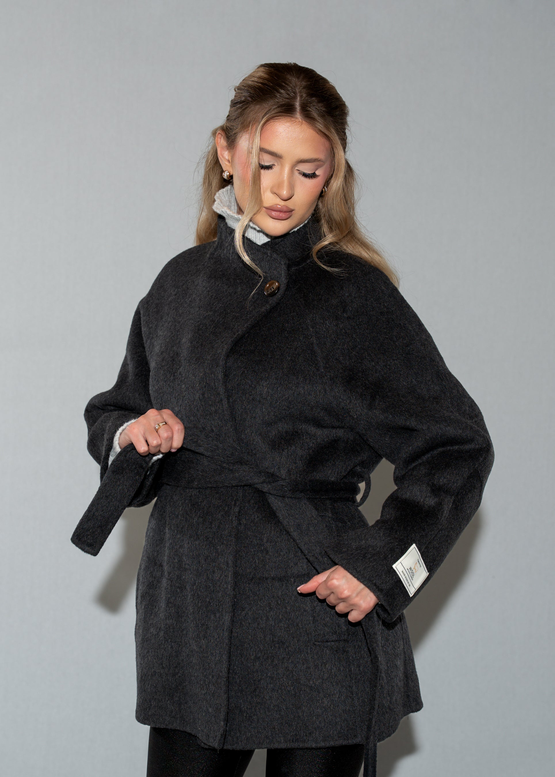Women's Black Belted Wrap Coat - Wool Blend Short Winter Jacket