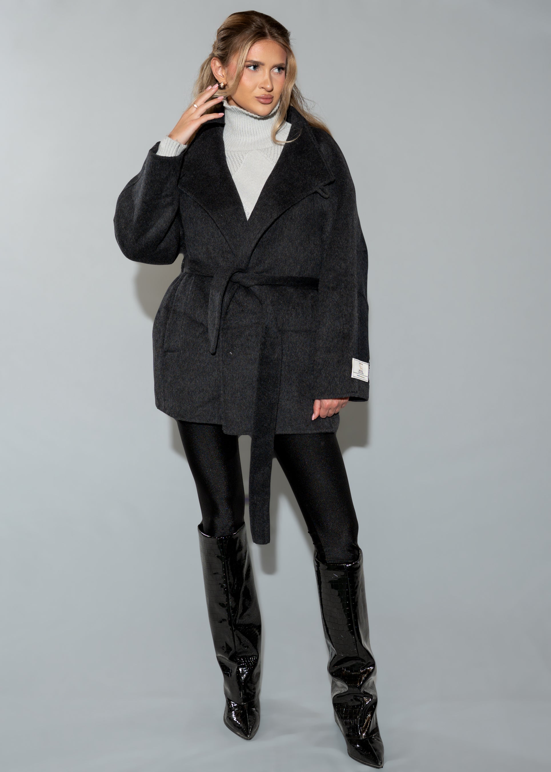 Women's Black Belted Wrap Coat - Wool Blend Short Winter Jacket