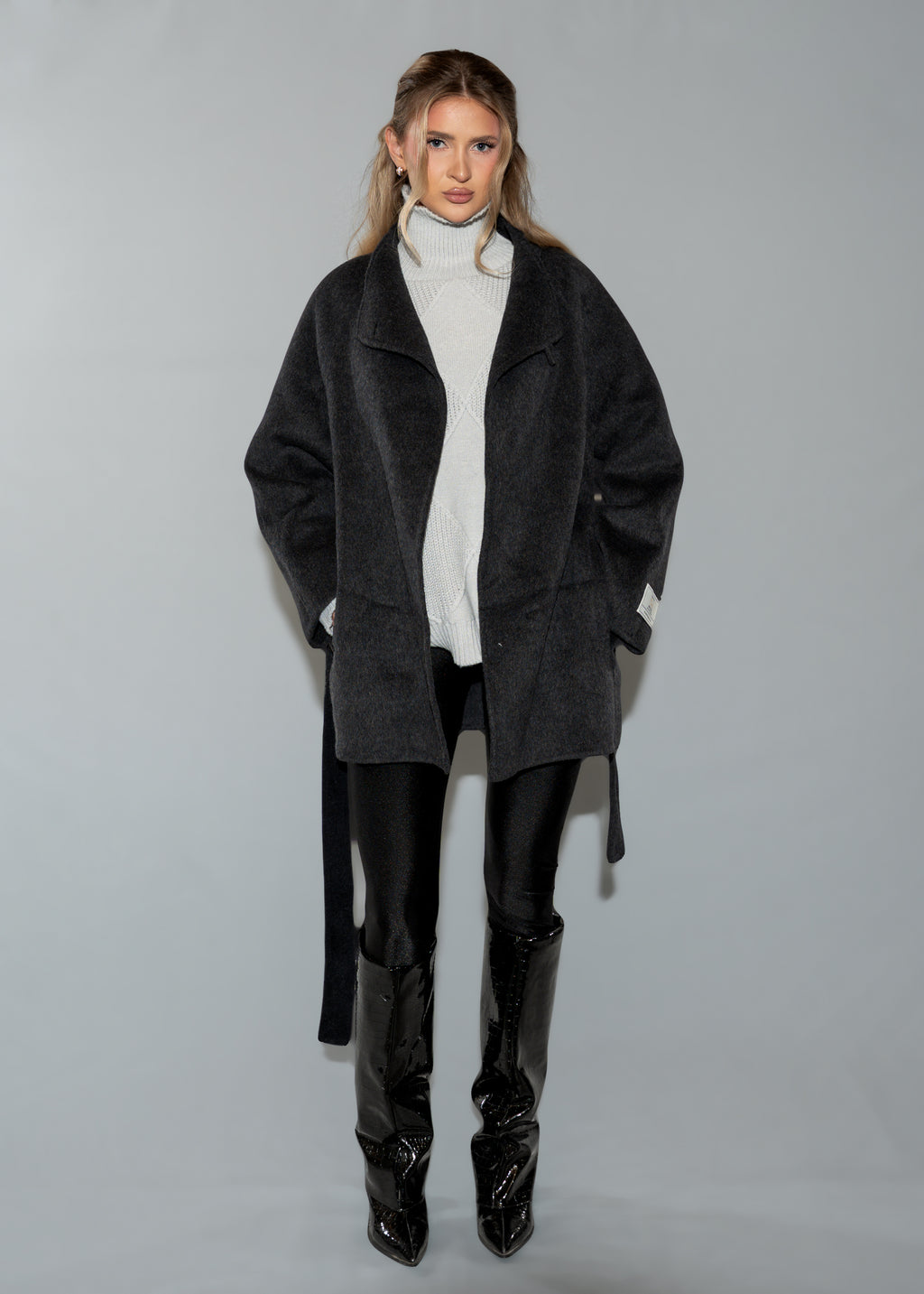 Women's Black Belted Wrap Coat - Wool Blend Short Winter Jacket