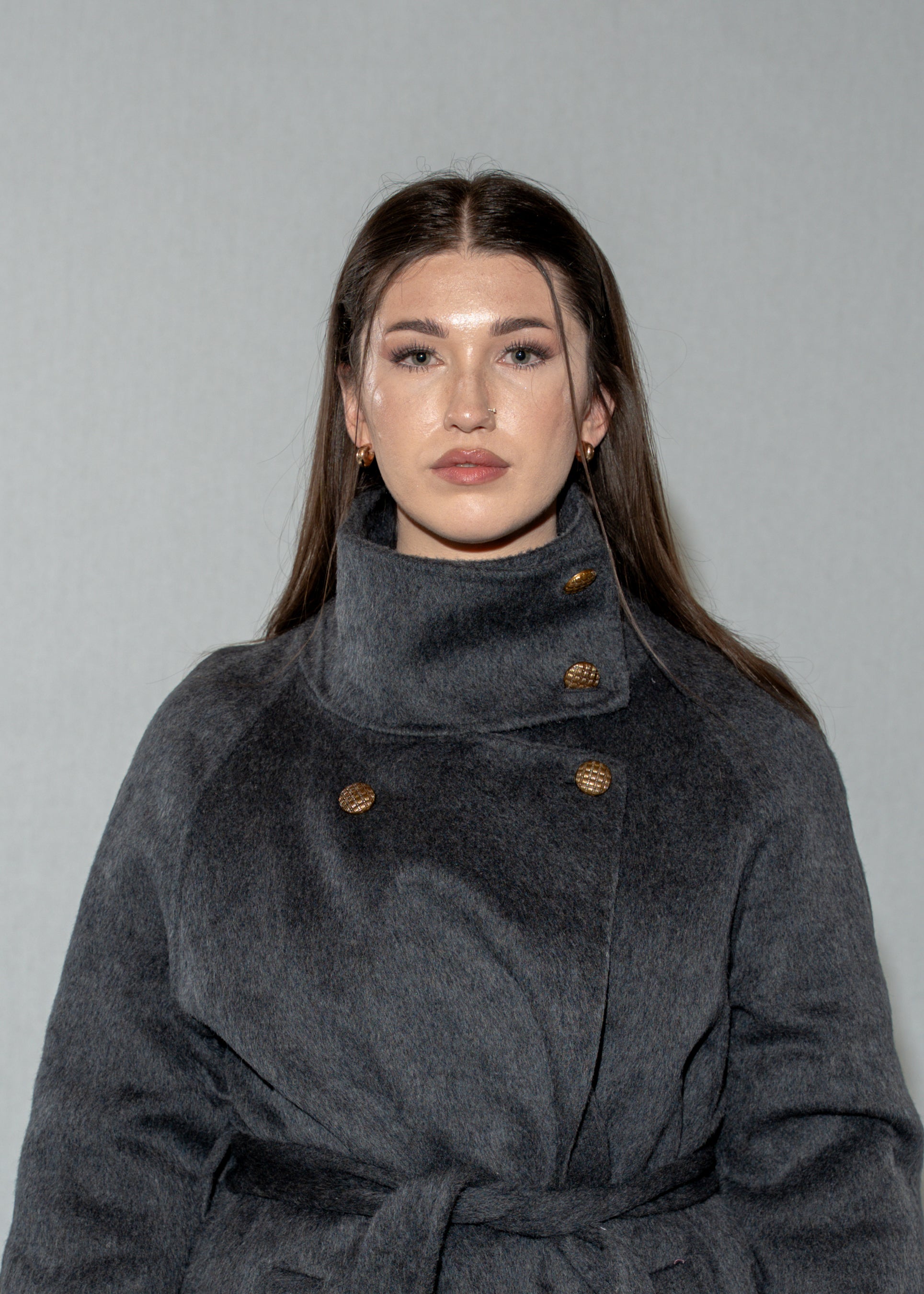 Women's Faux Fur Cuff Wool Blend Long Black Coat - Belted Longline Winter Jacket