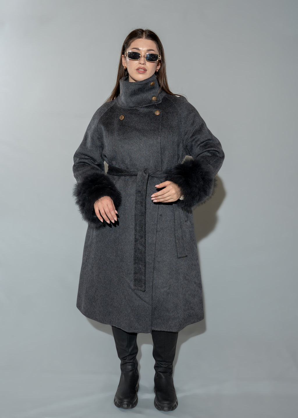 Women's Faux Fur Cuff Wool Blend Long Black Coat - Belted Longline Winter Jacket