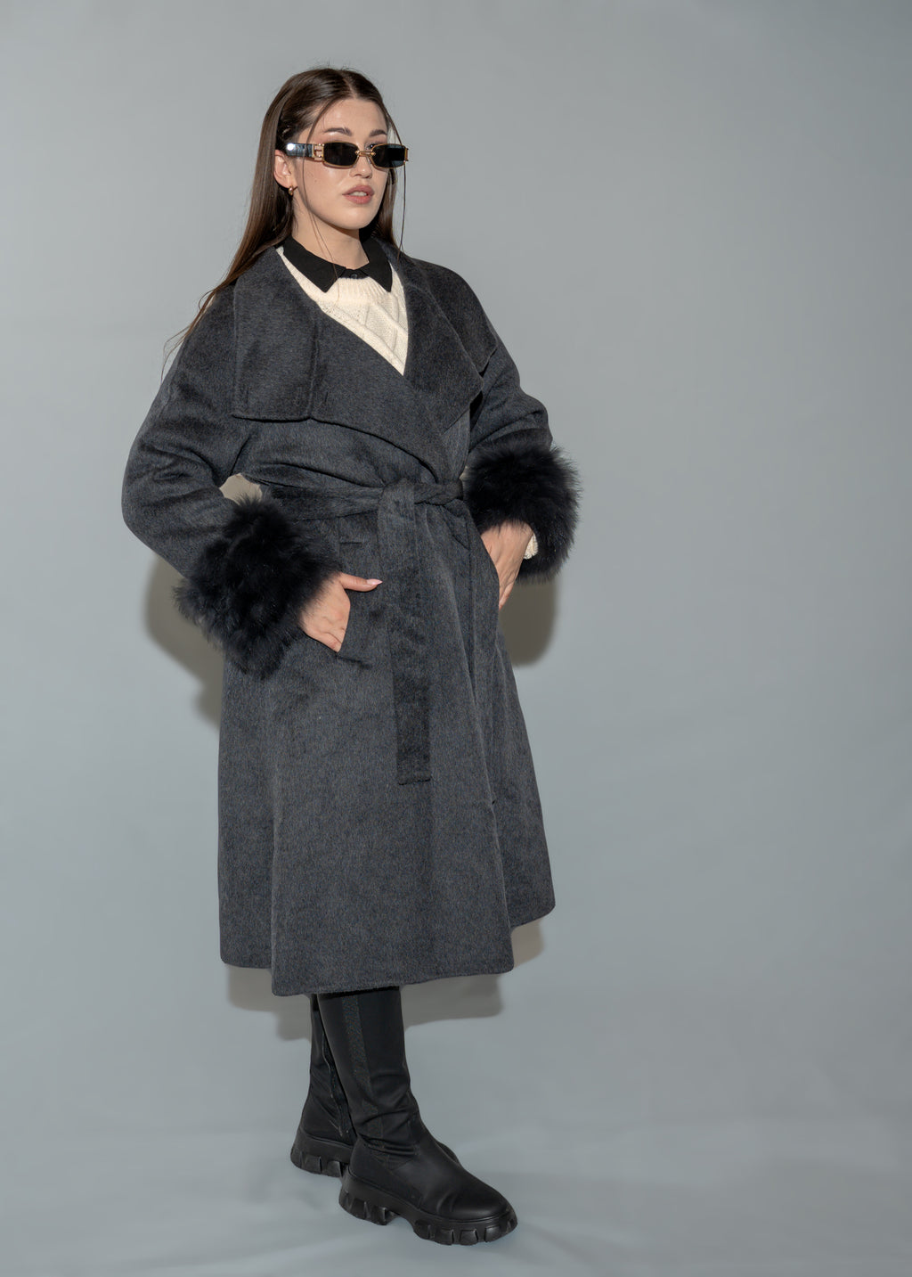 Women's Faux Fur Cuff Wool Blend Long Black Coat - Belted Longline Winter Jacket