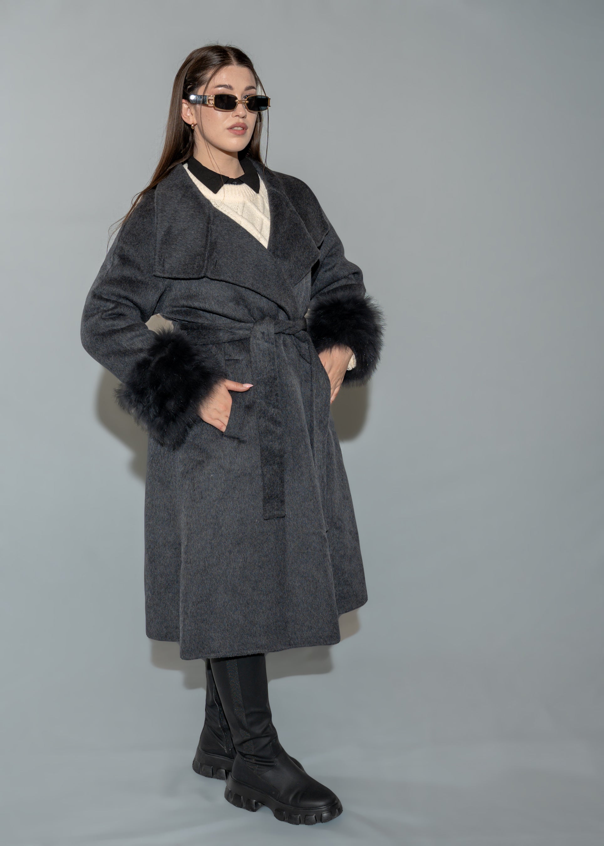 Women's Faux Fur Cuff Wool Blend Long Black Coat - Belted Longline Winter Jacket