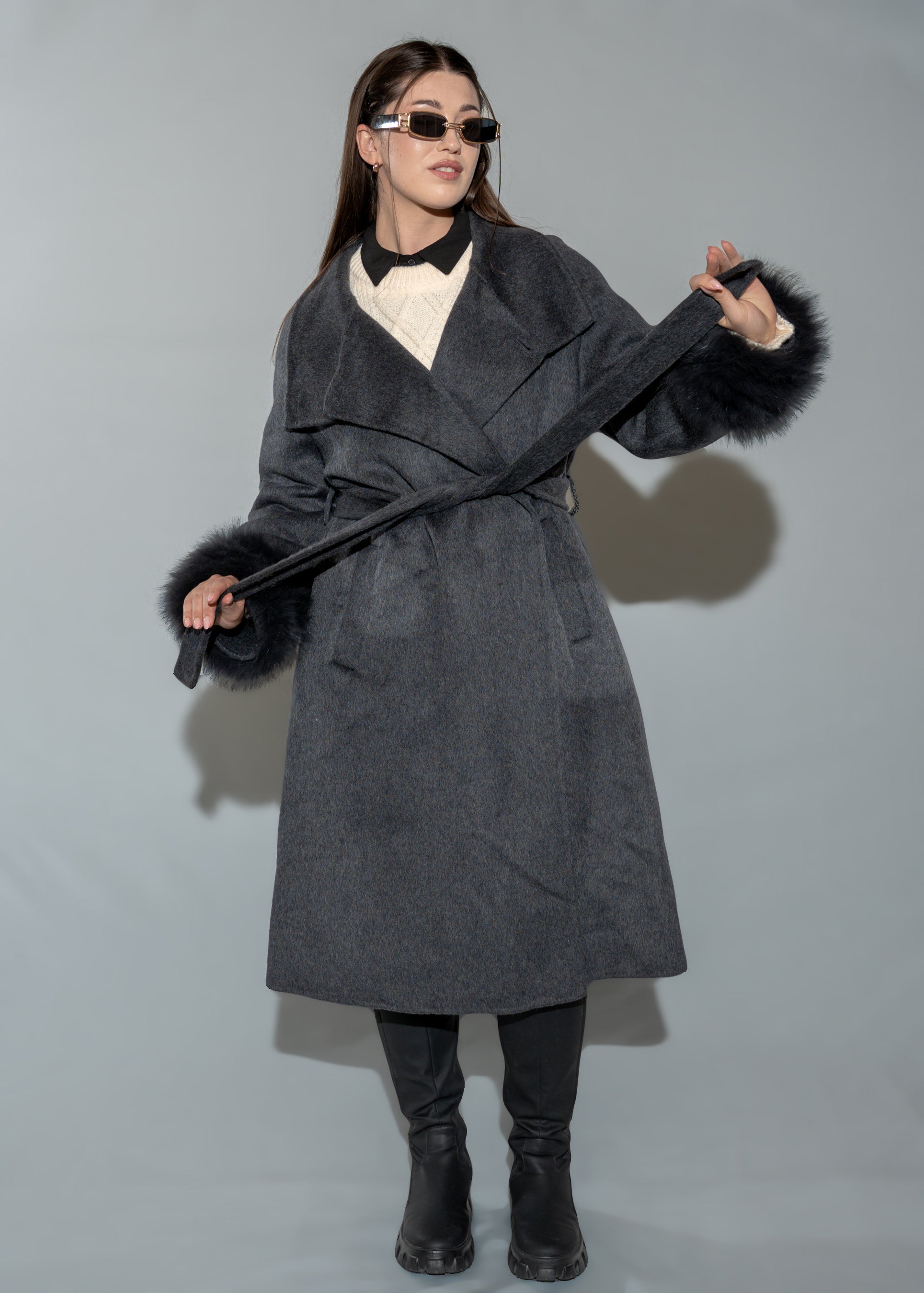 Women's Faux Fur Cuff Wool Blend Long Black Coat - Belted Longline Winter Jacket