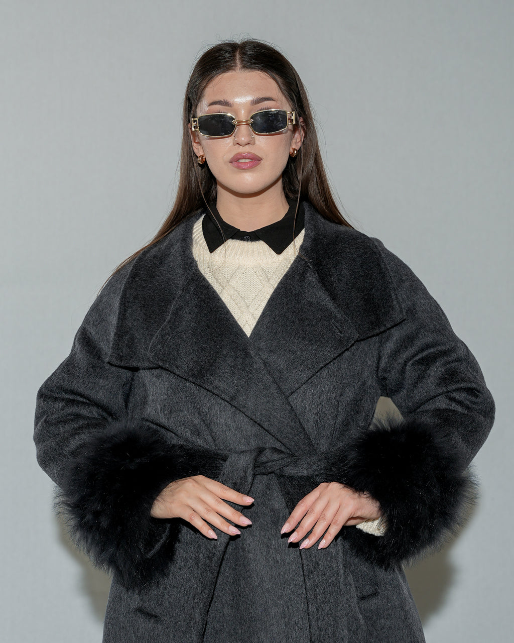 Women's Faux Fur Cuff Wool Blend Long Black Coat - Belted Longline Winter Jacket