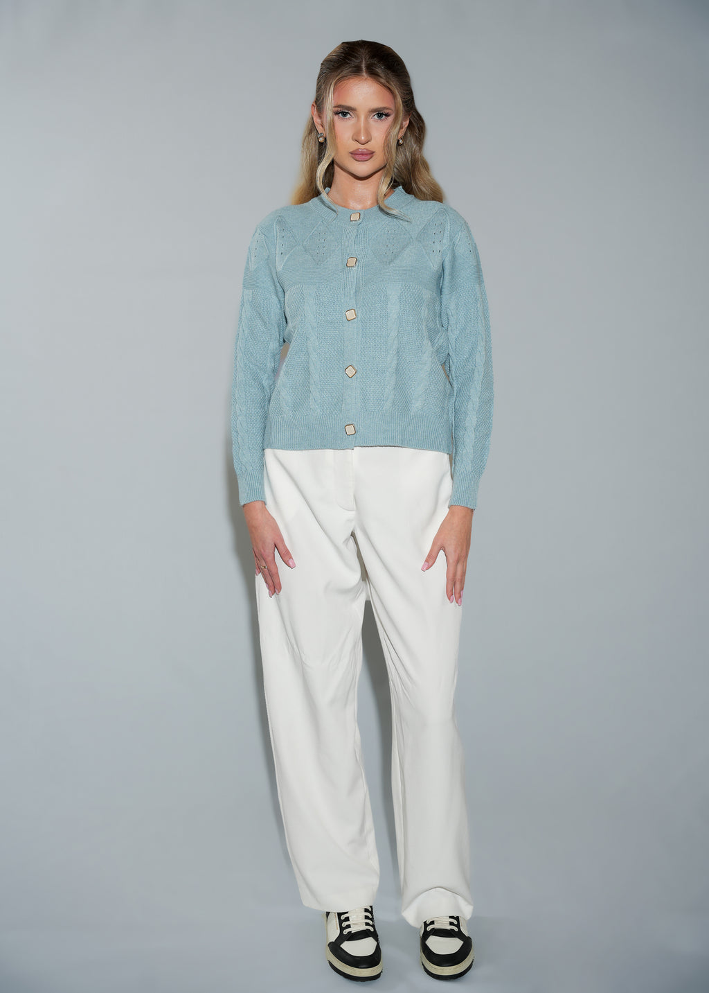 Ice Blue Cropped Cable-Knit Cardigan Sweater