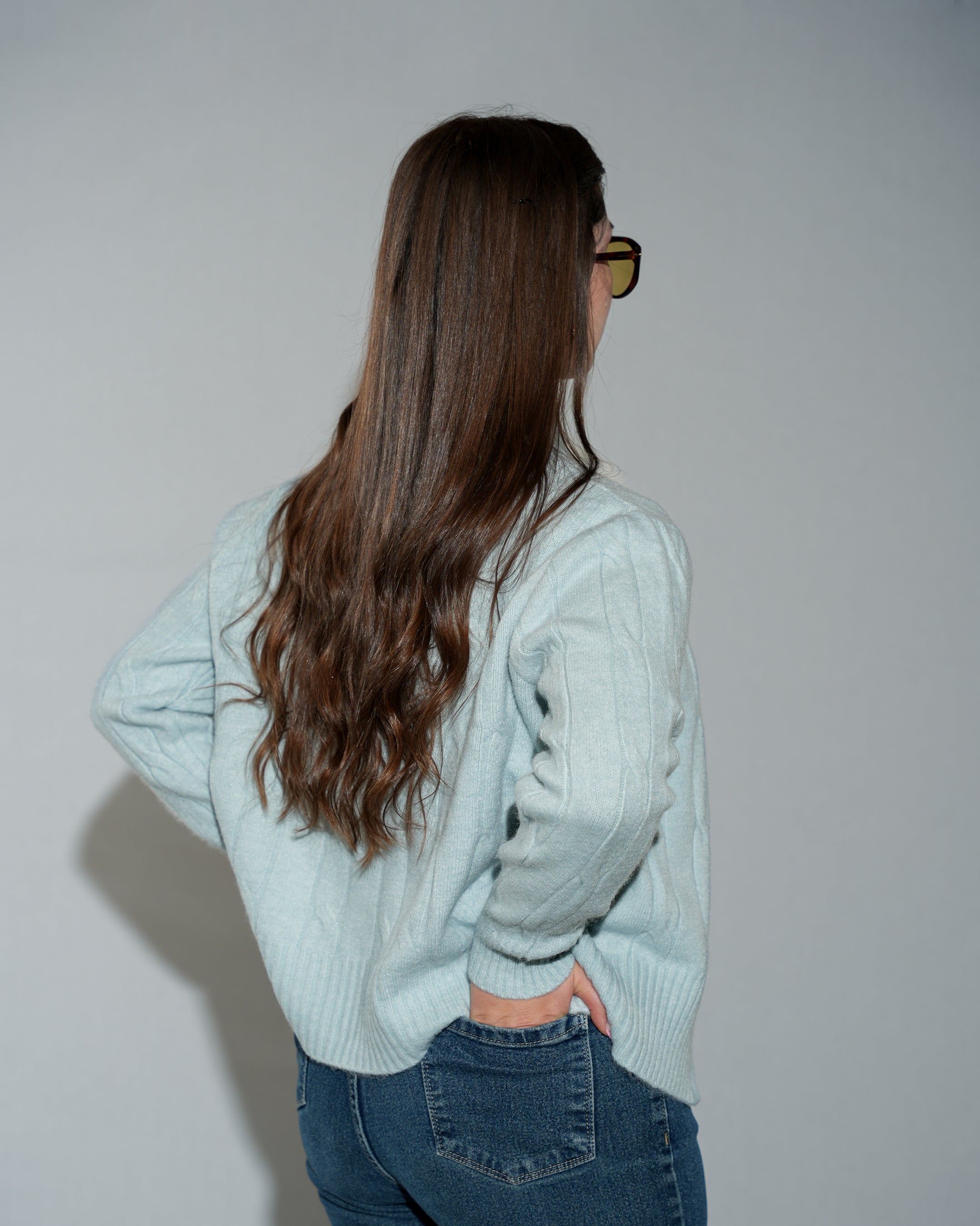 Women's Cable Knit Full-Zip Cardigan Sweater - Light Blue Stand Collar Cardigan