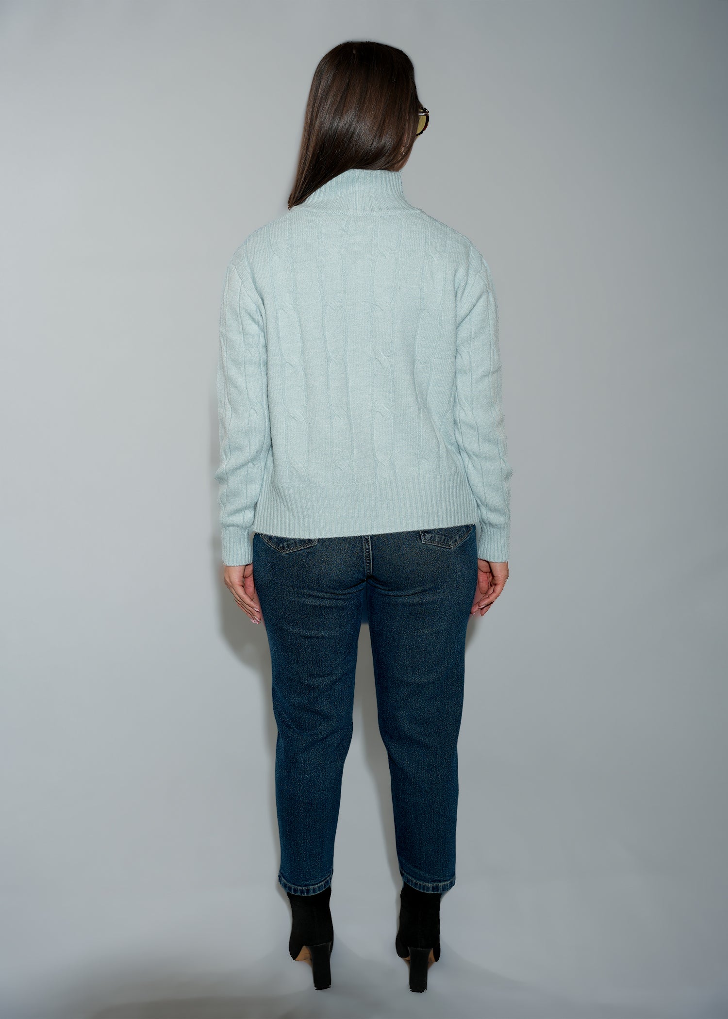 Women's Cable Knit Full-Zip Cardigan Sweater - Light Blue Stand Collar Cardigan