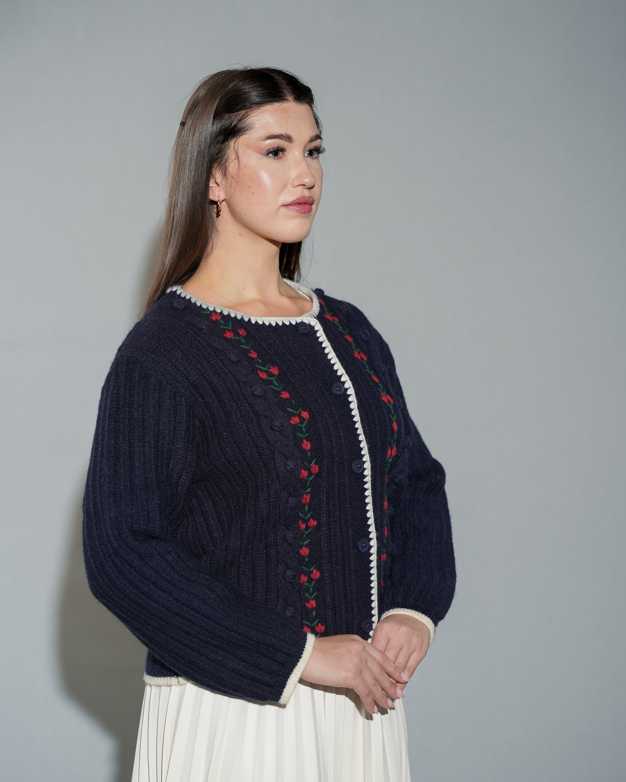 Beige Rose Embroidery Cropped Cardigan Sweater