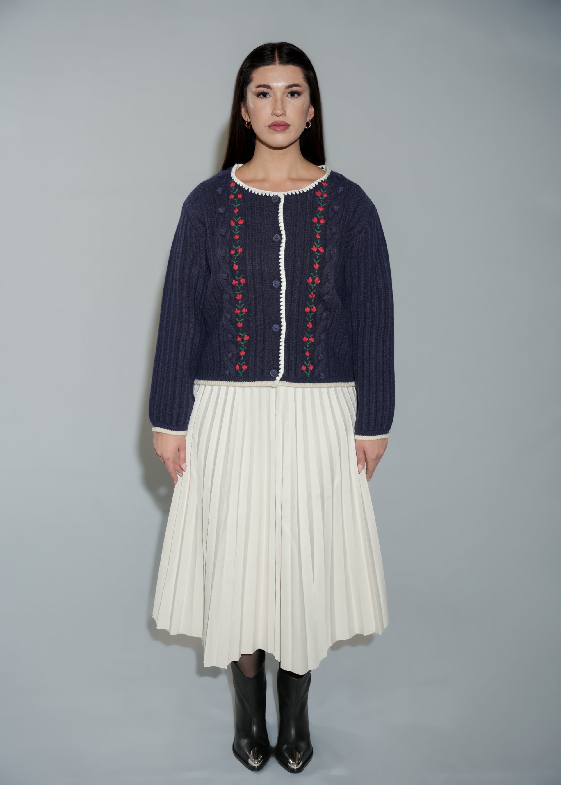 Beige Rose Embroidery Cropped Cardigan Sweater